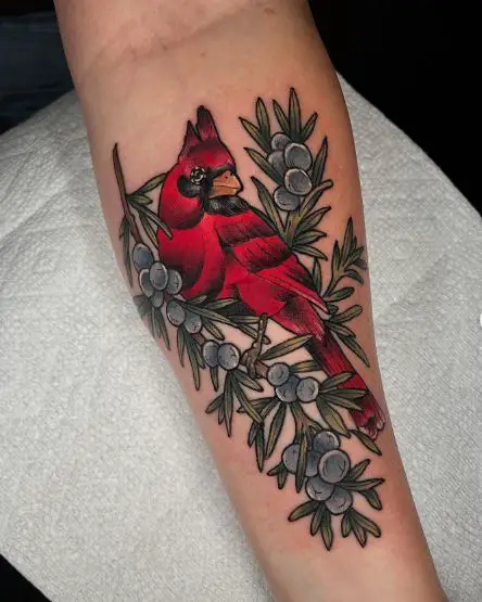 Berries and Red Cardinal Forearm Tattoo