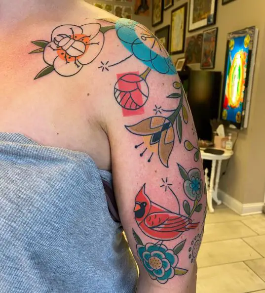 Colorful Flowers and Cardinal Shoulder and Arm Tattoo