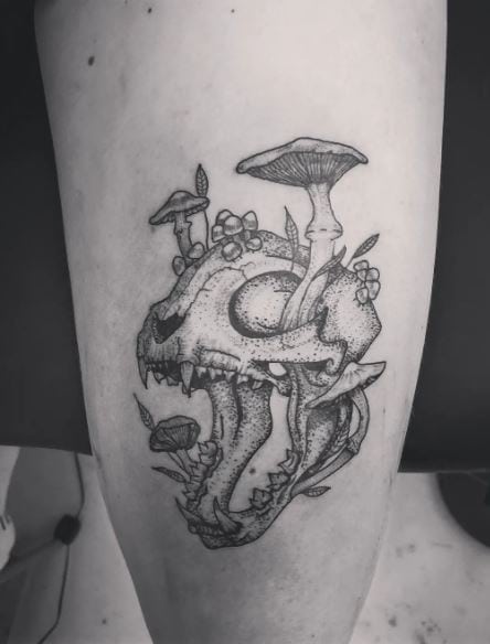 Cat Skull with Mushrooms Thigh Tattoo