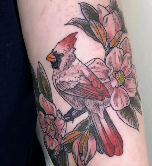 Colorful Flowers and Cardinal on Branch Arm Tattoo