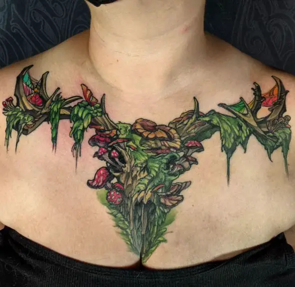 Colorful Deer Skull with Moss Chest Tattoo