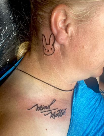 Black Bad Bunny Logo Behind Ear Tattoo