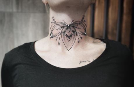 Black and Grey Moth Throat Tattoo