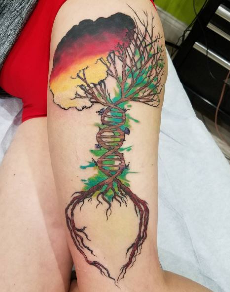DNA Tree with German Flag Canopy Thigh Tattoo