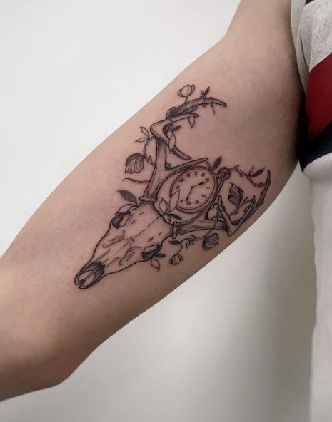 Deer Skull with Clock Inner Biceps Tattoo