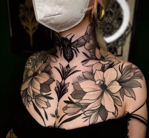 Peonies and Moth Throat Tattoo