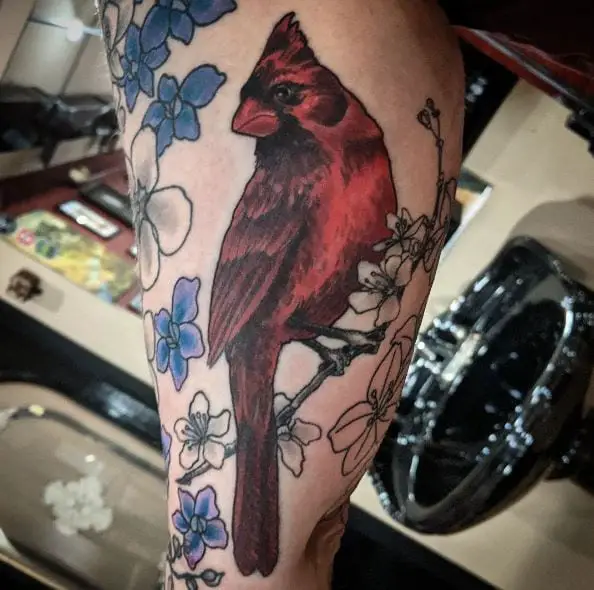 Blue and White Flowers and Cardinal on Branch Arm Tattoo