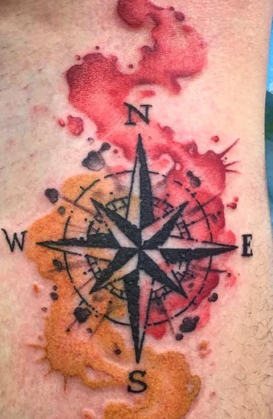 Compass with German Flag Colors Thigh Tattoo