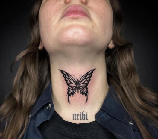 Script and Butterfly Throat Tattoo