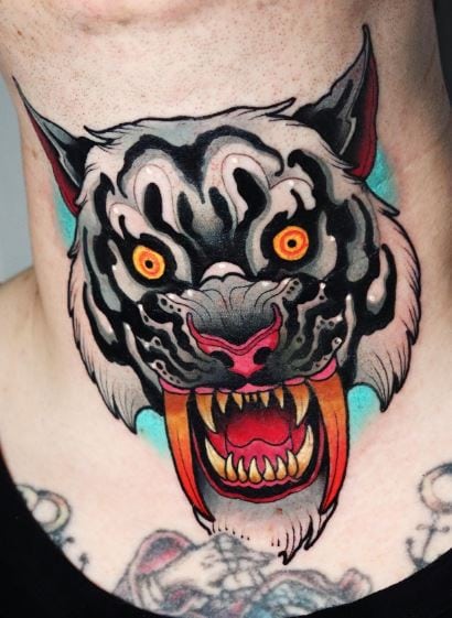 Colored Traditional Tiger Throat Tattoo