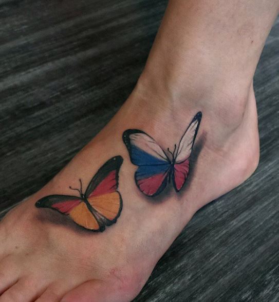 German Flag and Czech Flag 3D Butterflies Foot Tattoo