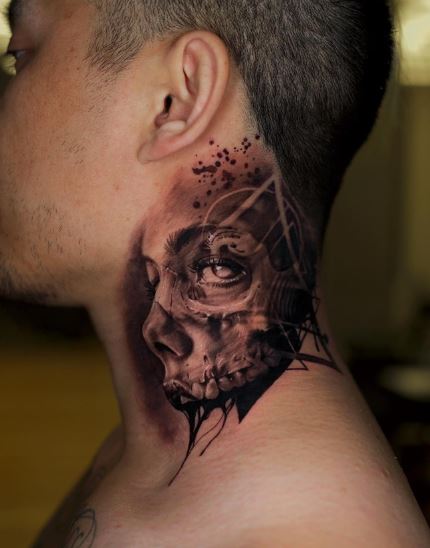 Realistic Zombie Face Throat Tattoo