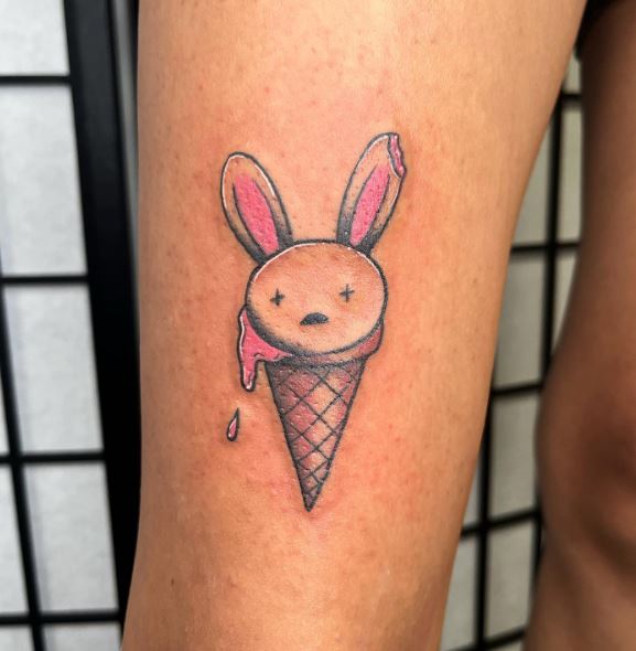 Colored Bad Bunny Logo as Ice Cream Thigh Tattoo