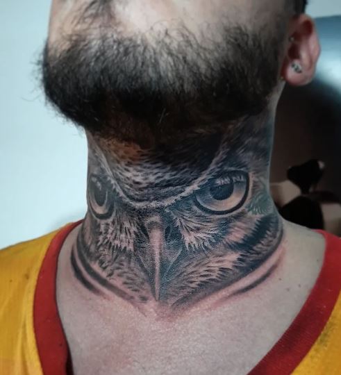 Realistic Owl Throat Tattoo