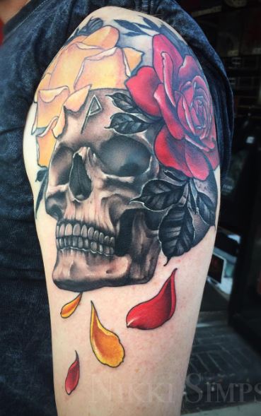 Skull and Roses in German Flag Colors Arm Tattoo