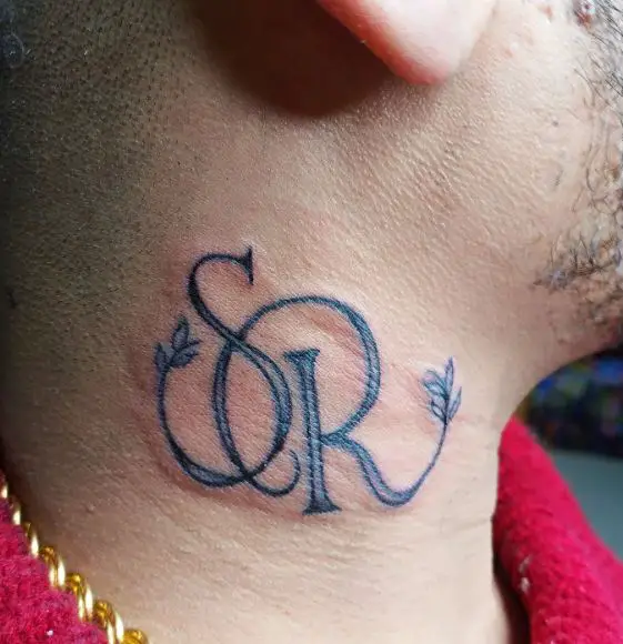 Shaded Initial Letters SR with Vines Neck Tattoo