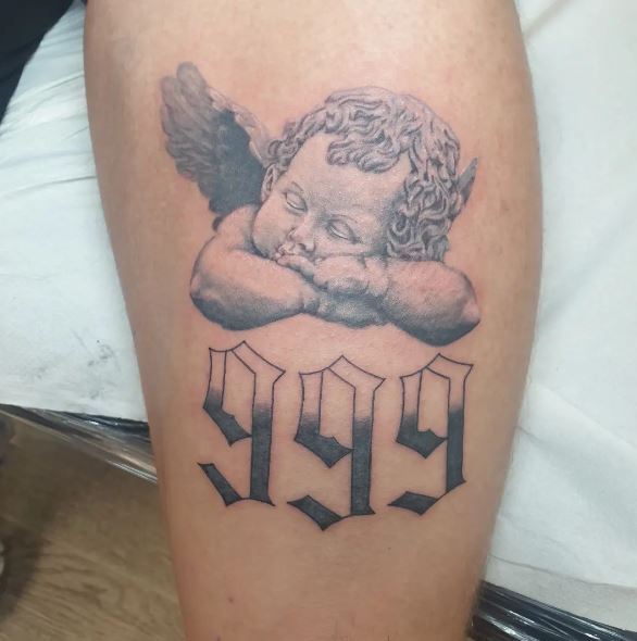 Grey Shaded Sleeping Angel and 999 Arm Tattoo