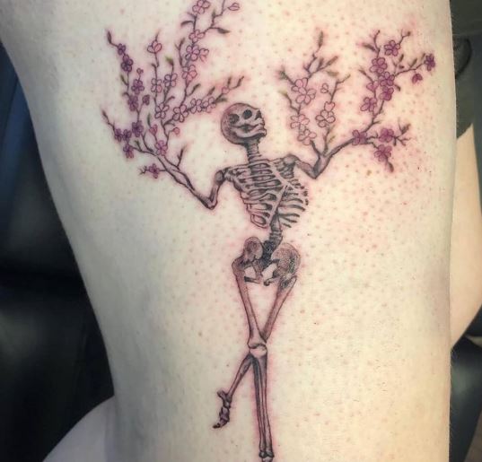 Dancing Skeleton with Flowers Leg Tattoo