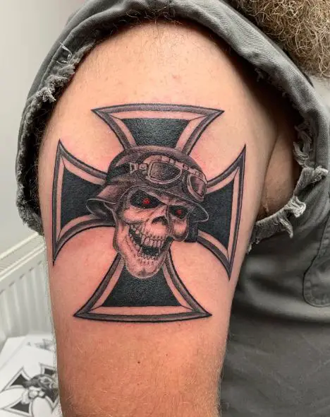 Skull with Helmet and Iron Cross Arm Tattoo