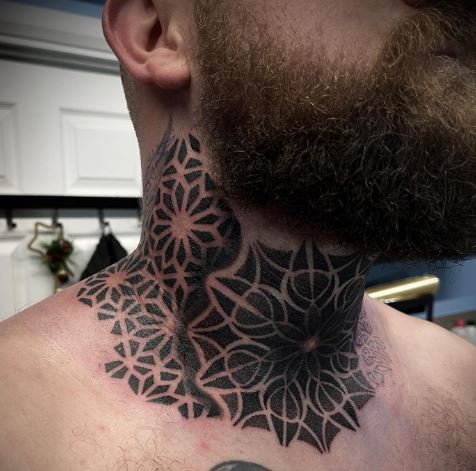 Floral Geometric Ornament Throat Tattoo