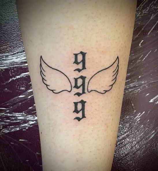 Black 999 with Wings Thigh Tattoo