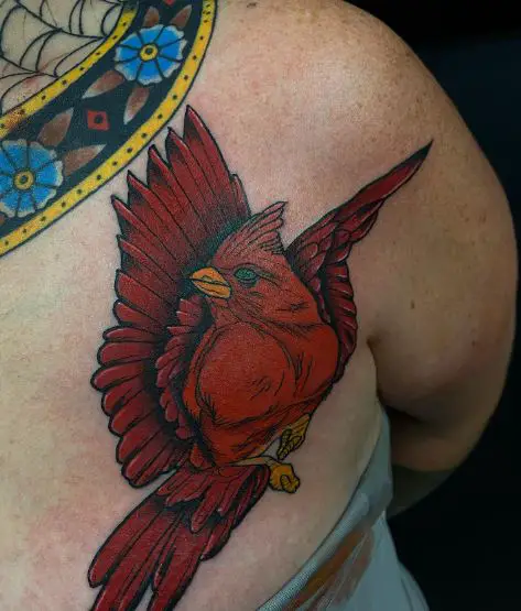 Red Flying Cardinal Back Tattoo