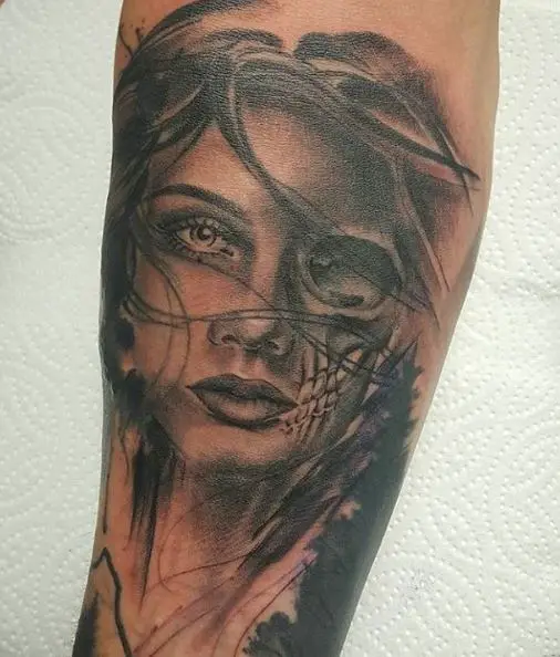 Half Girl Face Half Skull Forearm Tattoo