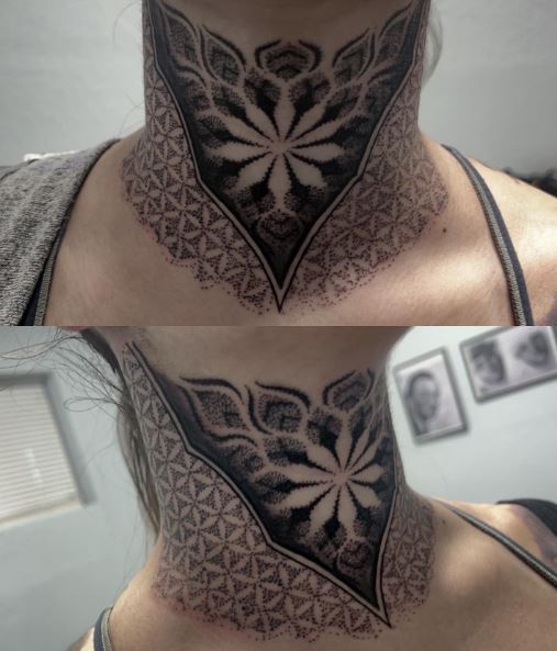 Geometric Flower Throat Tattoo