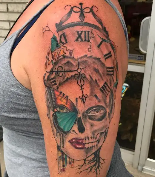 Half Woman Face Half Skull with Butterfly and Clock Arm Tattoo