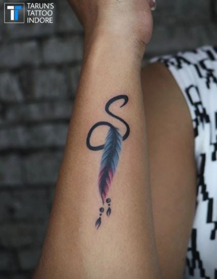 Initial Letter S with Colorful Feather Forearm Tattoo