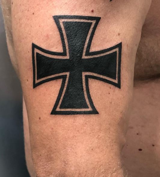 Black Iron Cross Biceps Tattoo
