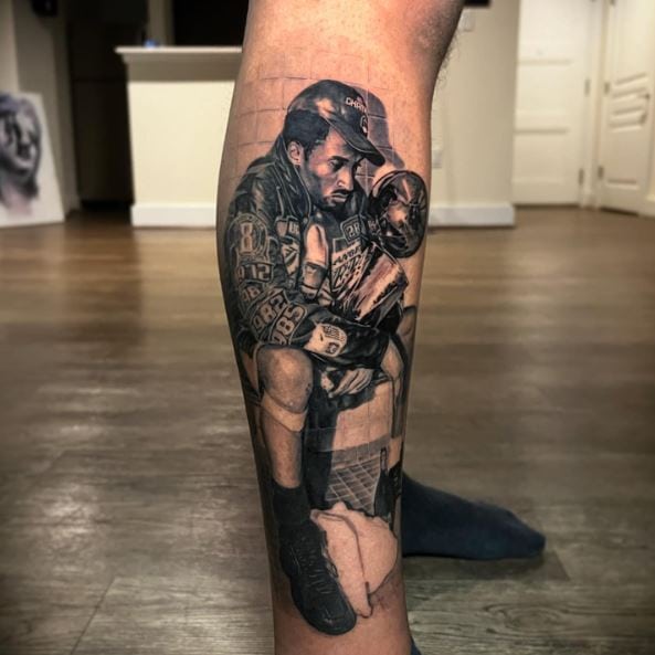Kobe Bryant Portrait with NBA Trophy Leg Tattoo