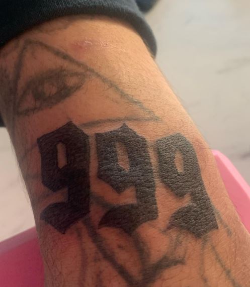 Black Bold Number 999 Wrist Tattoo
