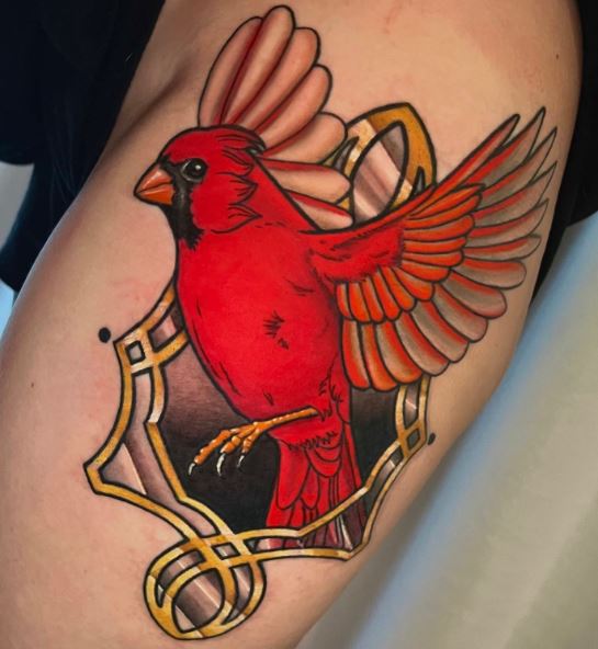 Window and Red Flying Cardinal Arm Tattoo