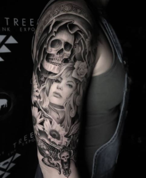 Skull and Woman with Flowers Arm Sleeve Tattoo