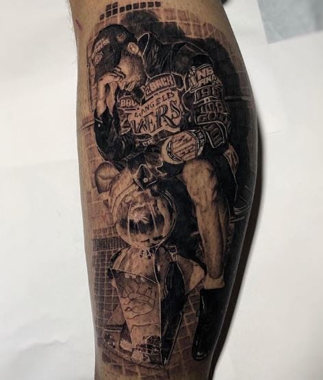 Kobe Bryant Portrait with NBA Trophy Leg Tattoo