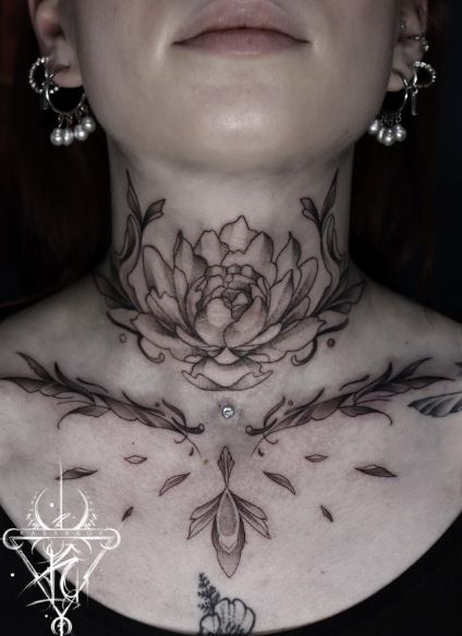 Black and Grey Peony Throat Tattoo