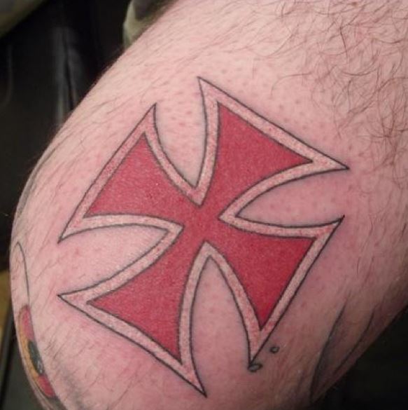 Red Iron Cross Knee Tattoo