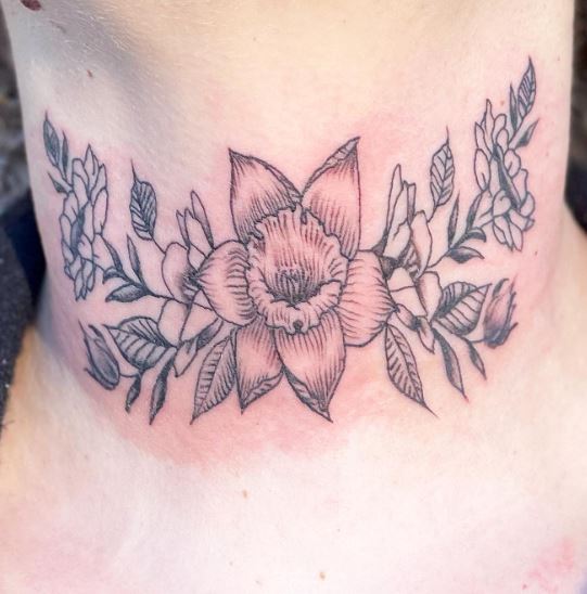 Black and Grey Flower with Leaves Throat Tattoo