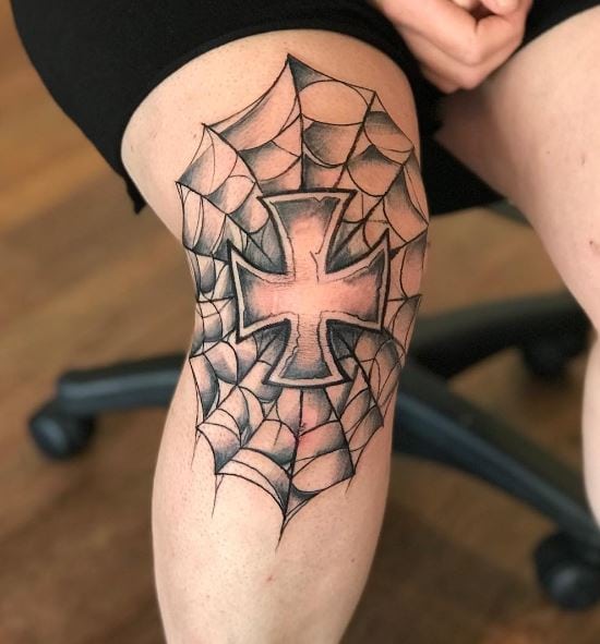 Spider Web and Iron Cross Knee Tattoo