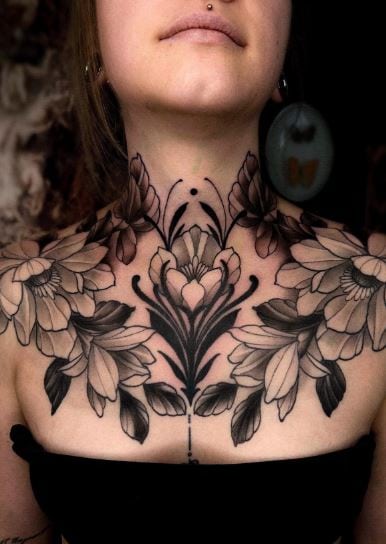 Black and Grey Peonies Chest and Throat Tattoo