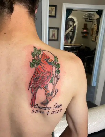 Red Cardinal on Branch Memorial Back Tattoo