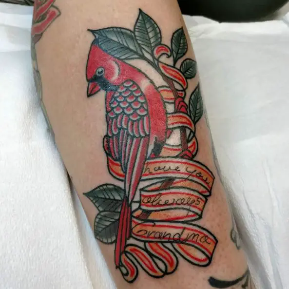 Memorial Banner and Cardinal Forearm Tattoo