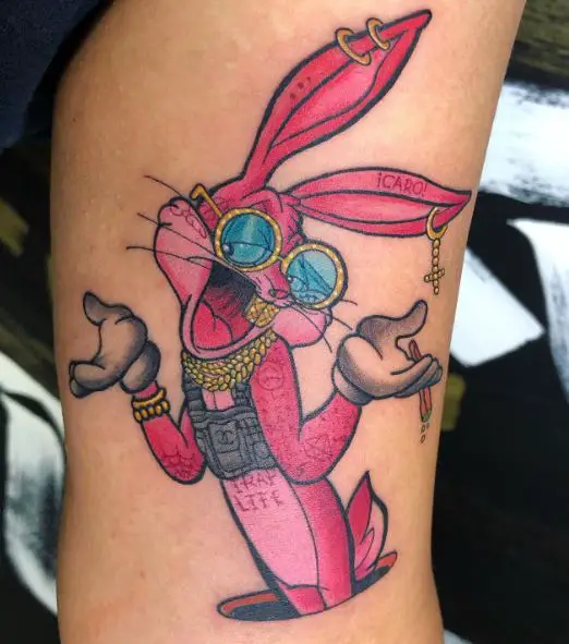 Pink Bad Bunny with Jewelry Arm Tattoo