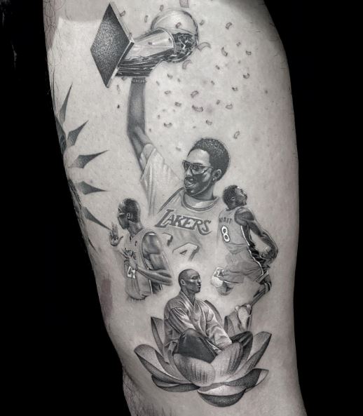 Black and Grey Kobe Bryant Portraits Arm Tattoo