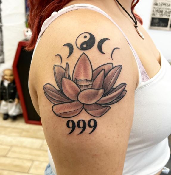 Yin Yang, Flower and 999 Shoulder Tattoo