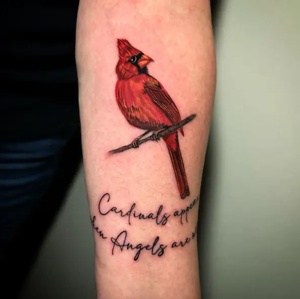 Red Cardinal on Branch Memorial Forearm Tattoo