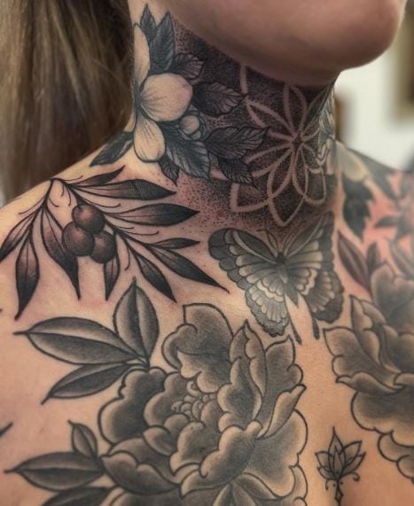 Butterfly and Floral Mandala with Olive Branch Throat Tattoo