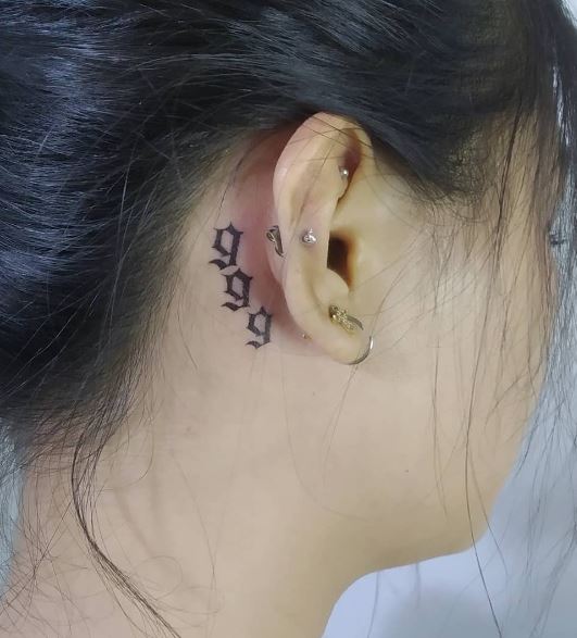 Black Minimalistic 999 Behind Ear Tattoo