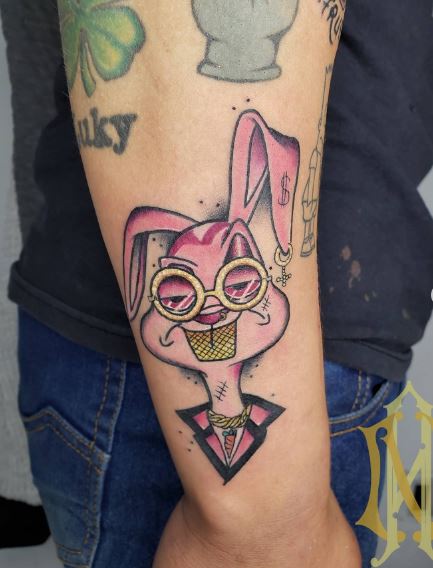 Pink Bad Bunny with Glasses Forearm Tattoo